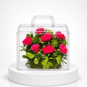 Composition de roses fuchsia en coffret transparent avec poignée 39