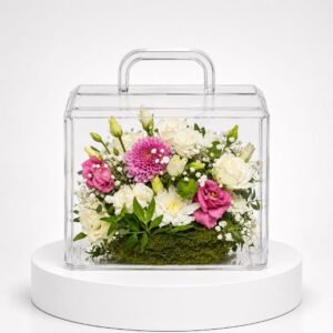 Composition florale multicolore en coffret transparent avec poignée 40