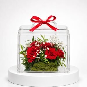Composition de roses rouges en coffret transparent avec ruban rouge 41