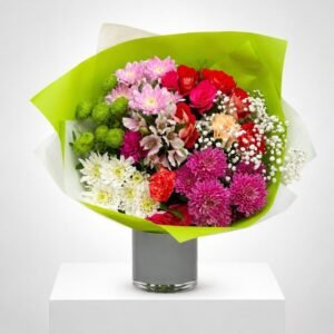 Bouquet de fleurs multicolores emballage vert 7