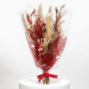 Bouquet de fleurs séchées décoratif tons rouges et naturels 1