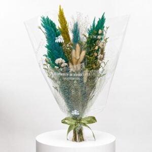 Bouquet de fleurs séchées décoratif tons vert, turquoise et naturels 27
