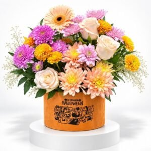 Éclat de Citrouille – Composition florale Halloween pastel 42