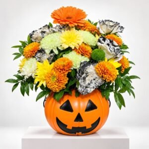Sourire d'Halloween – Composition florale citrouille orange 38
