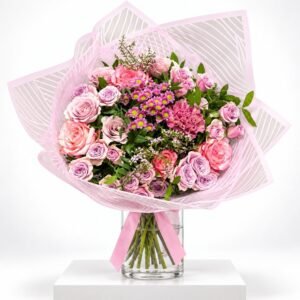 Jardin de Pivoine – Bouquet de roses roses et mauves en vase 40